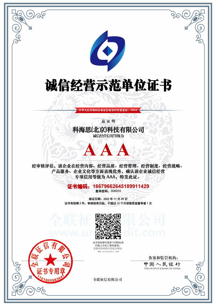 诚信经营示范单元证书